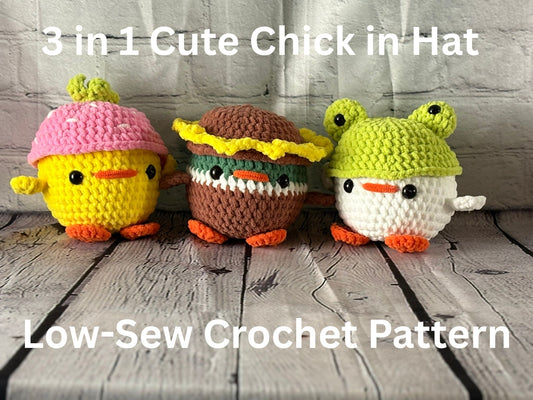 Low-Sew 3 in 1 Cute Chicks In Hats Crochet Pattern
