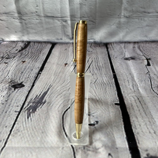 Slimline ballpoint pen with maple and gold fittings