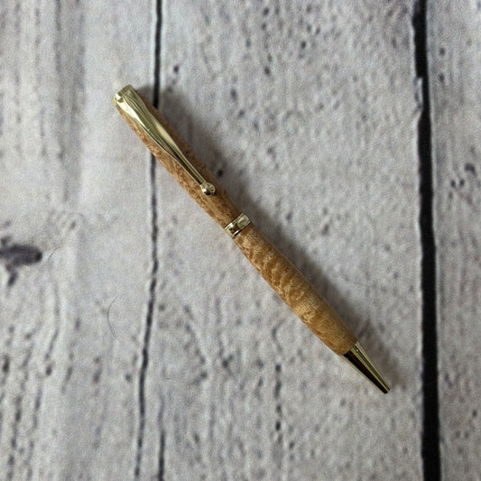 Slimline ballpoint pen with maple and gold fittings